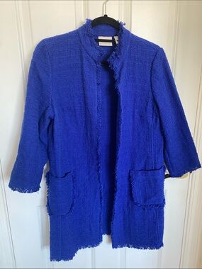 Chico’s Fringe Trim Open Front Blue Jacket Size M
